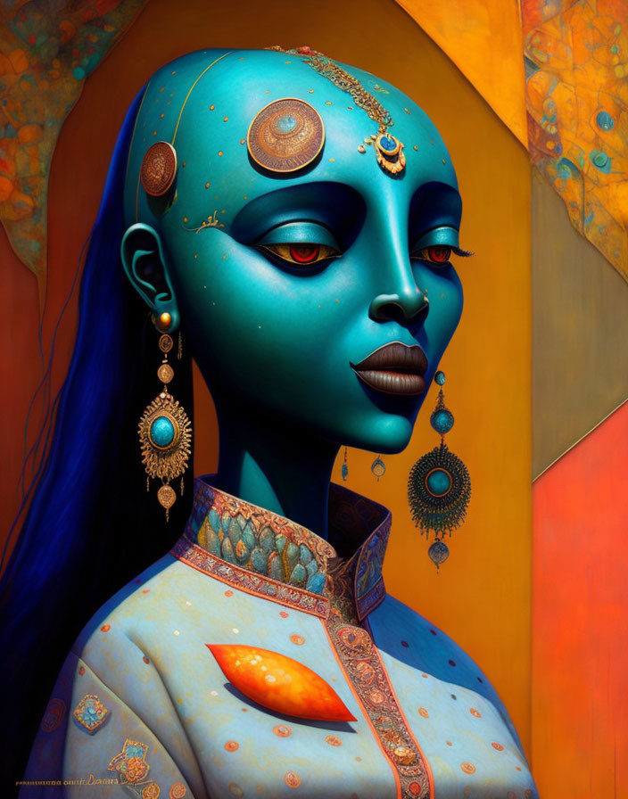 Blue-skinned female figure with celestial adornments and earrings in decorative outfit on orange backdrop
