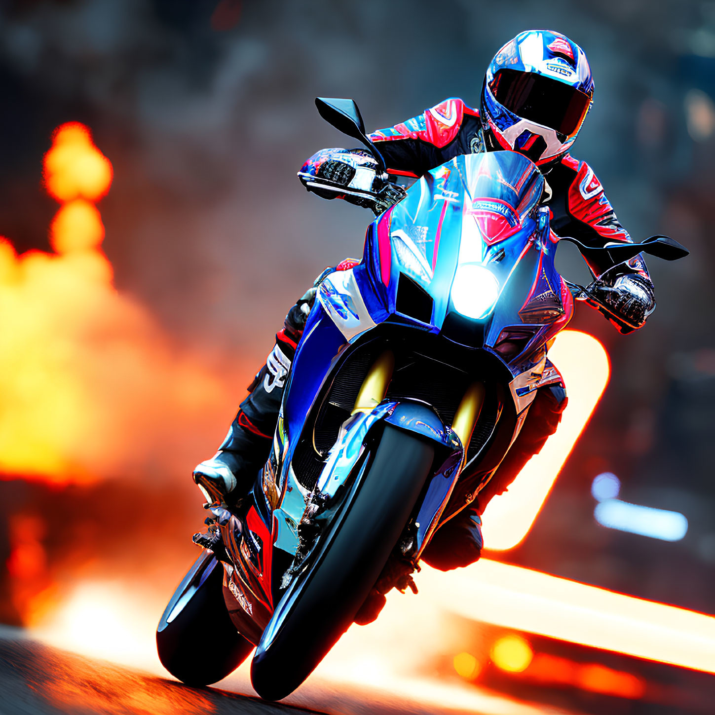 Sportbike racer in vibrant blue and red gear navigating fiery turn
