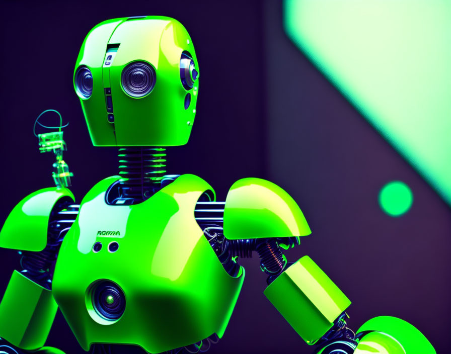 Stylized green humanoid robot with glossy surface and visible joints on purple and teal background