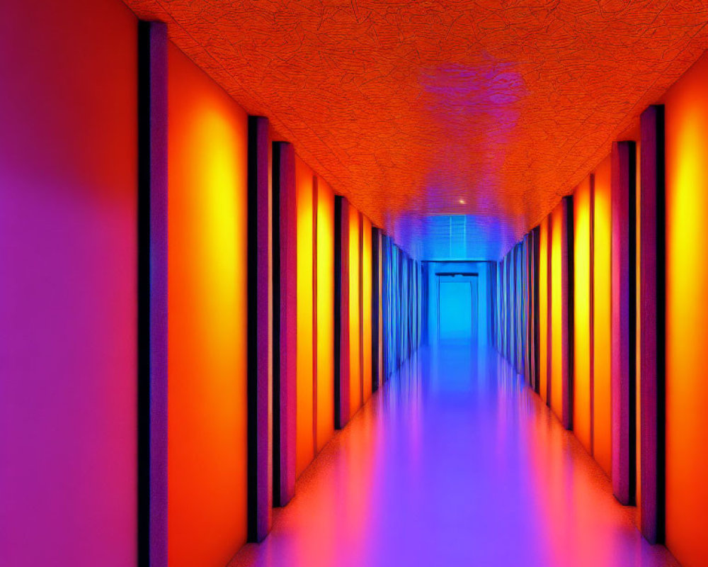 Vivid Orange Corridor with Blue-lit Floor