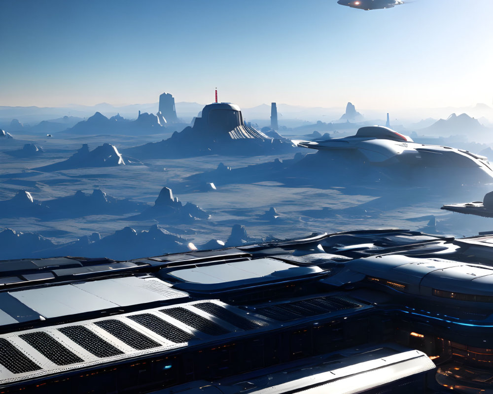 Futuristic cityscape with sleek buildings and flying vehicle over icy peaks