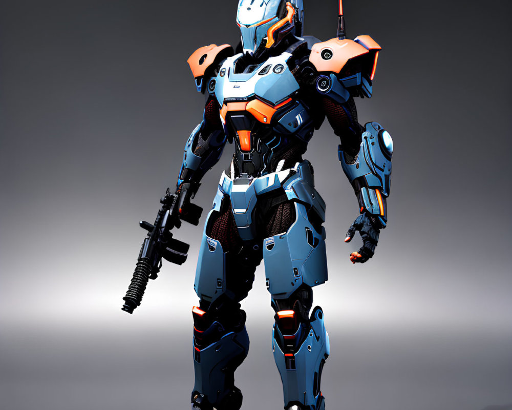 Futuristic robot in blue and orange armor with gun on grey background
