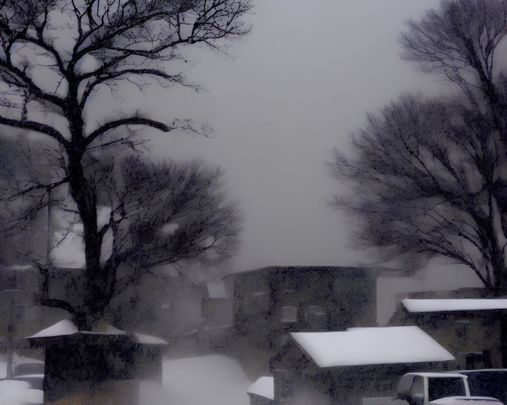 Snowy Winter Landscape with Silhouetted Trees, Houses, and Vehicle in Heavy Snowfall