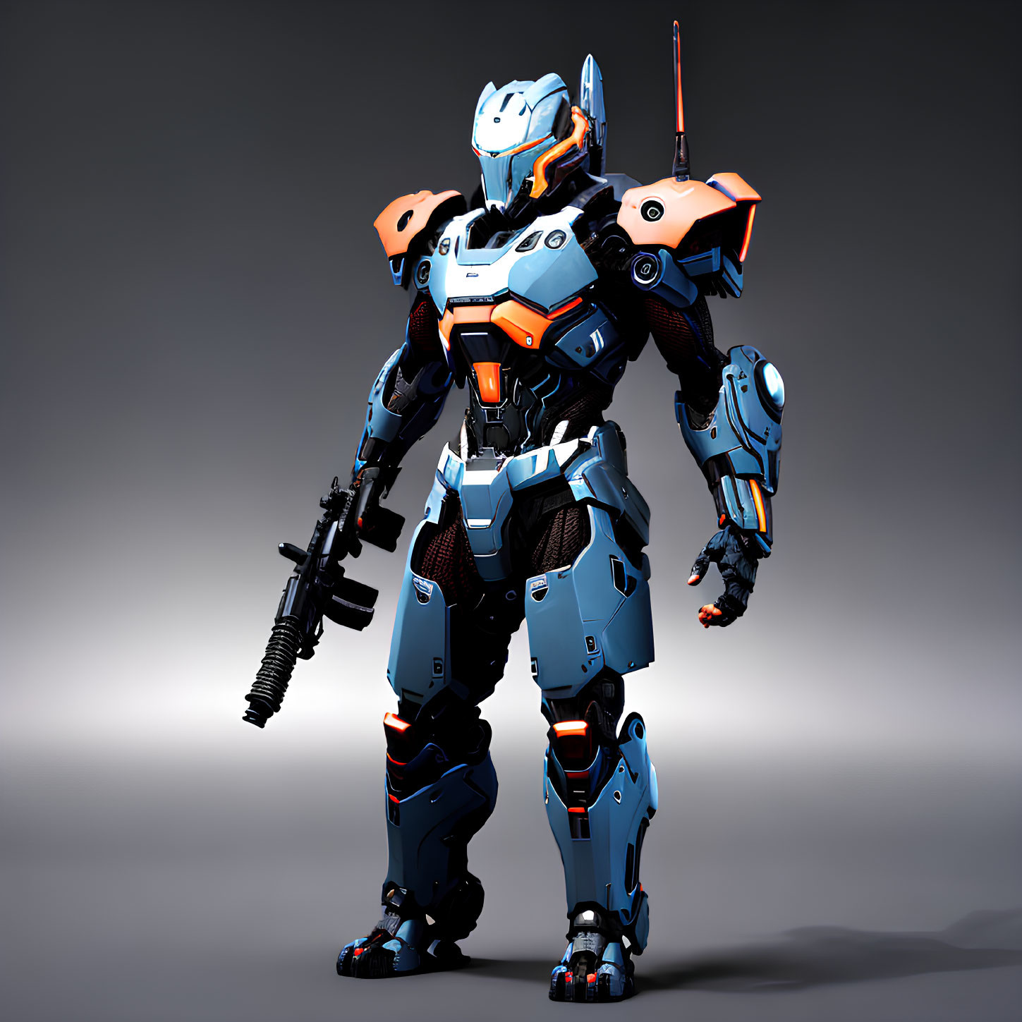 Futuristic robot in blue and orange armor with gun on grey background
