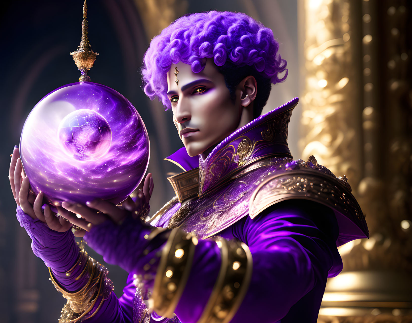 Purple-haired figure in golden armor with glowing orb amidst lavish decor
