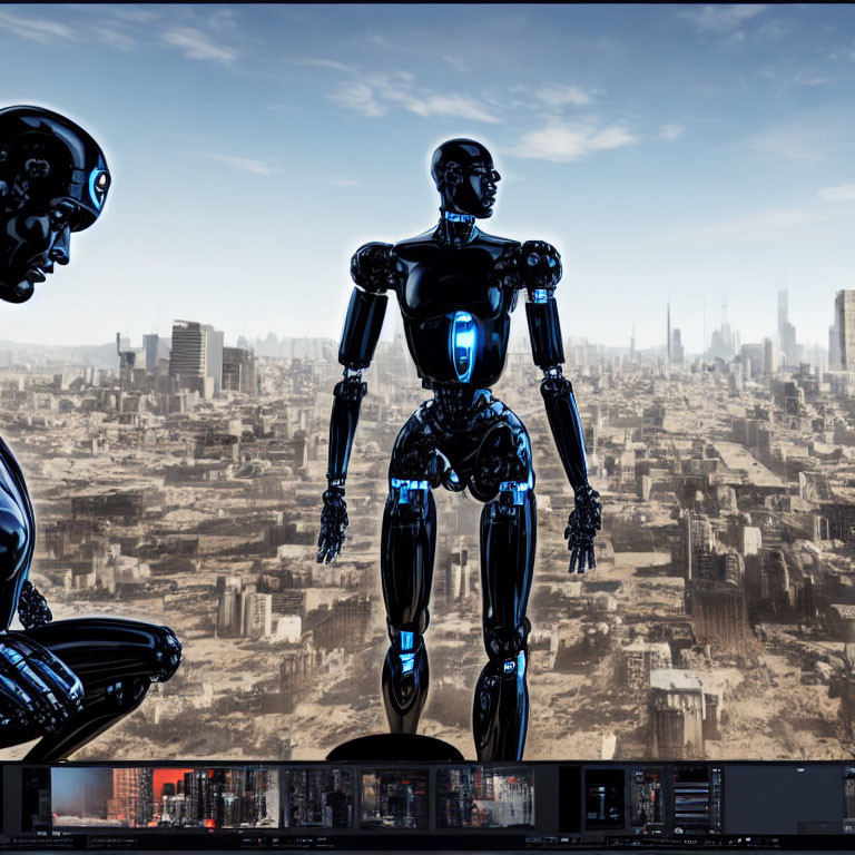 Futuristic cityscape with two humanoid robots in intricate detail