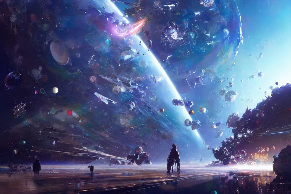 Sci-fi landscape with figures observing cosmic planets and celestial event