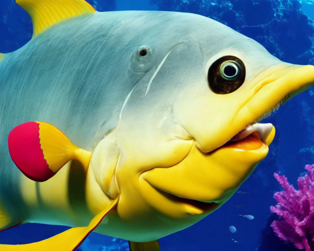 Vibrant yellow and blue fish swimming near coral in clear blue underwater scene