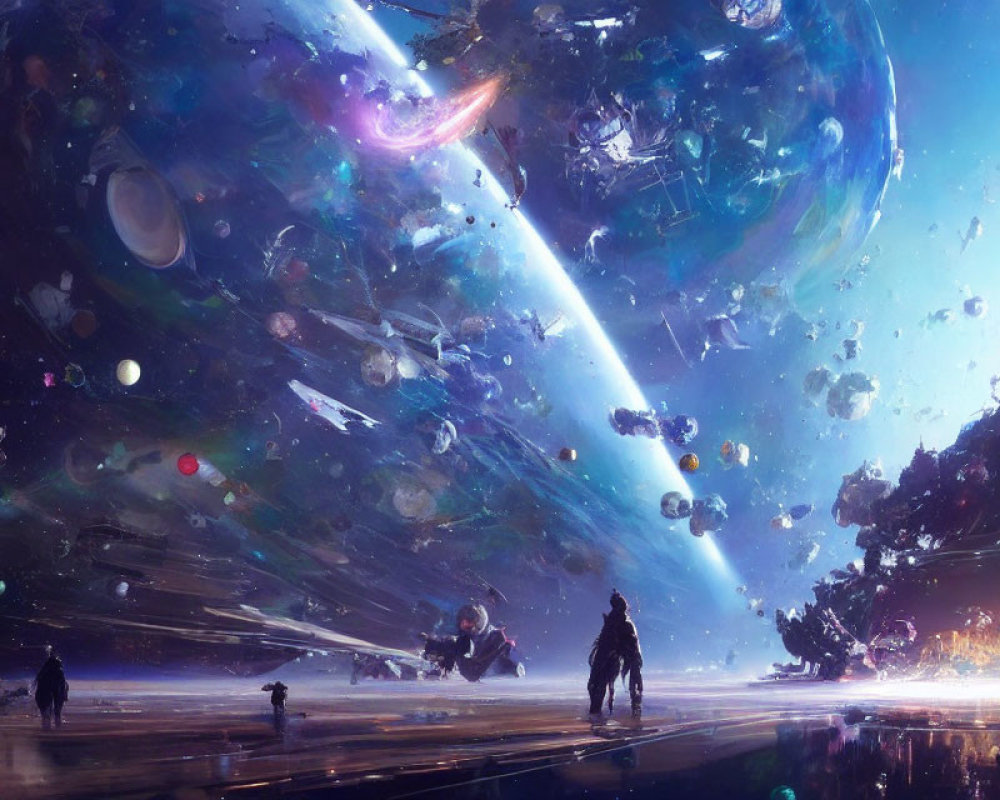Sci-fi landscape with figures observing cosmic planets and celestial event