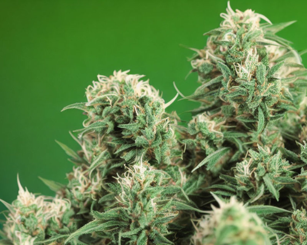Detailed view of mature cannabis buds with trichomes on green backdrop