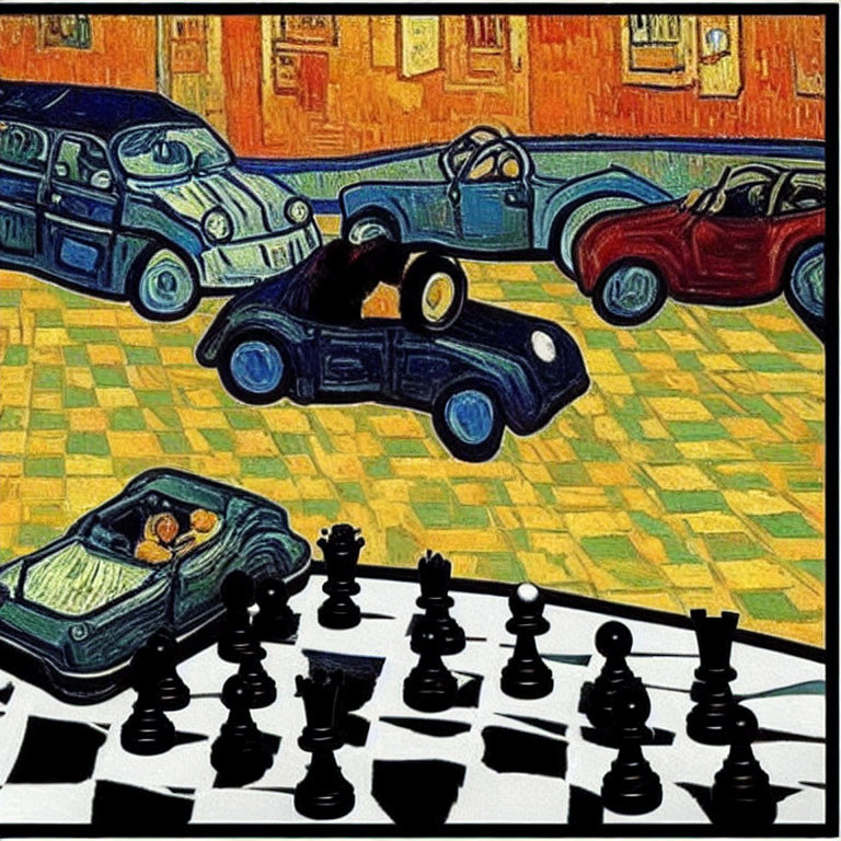 Chessboard foreground merges with colorful car street scene in post-impressionist style