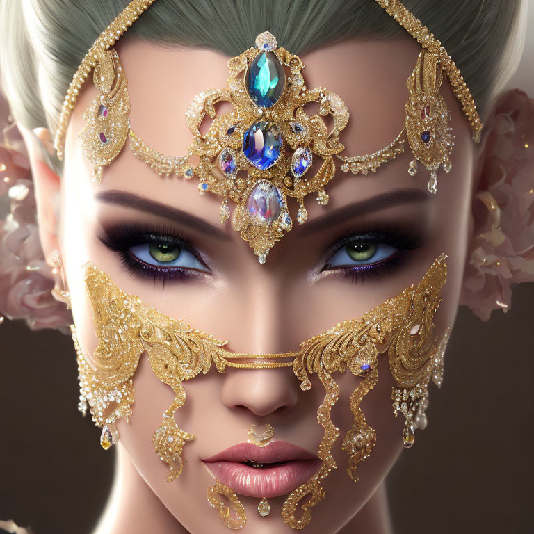 Close-up of woman with striking green eyes and intricate golden head jewelry.