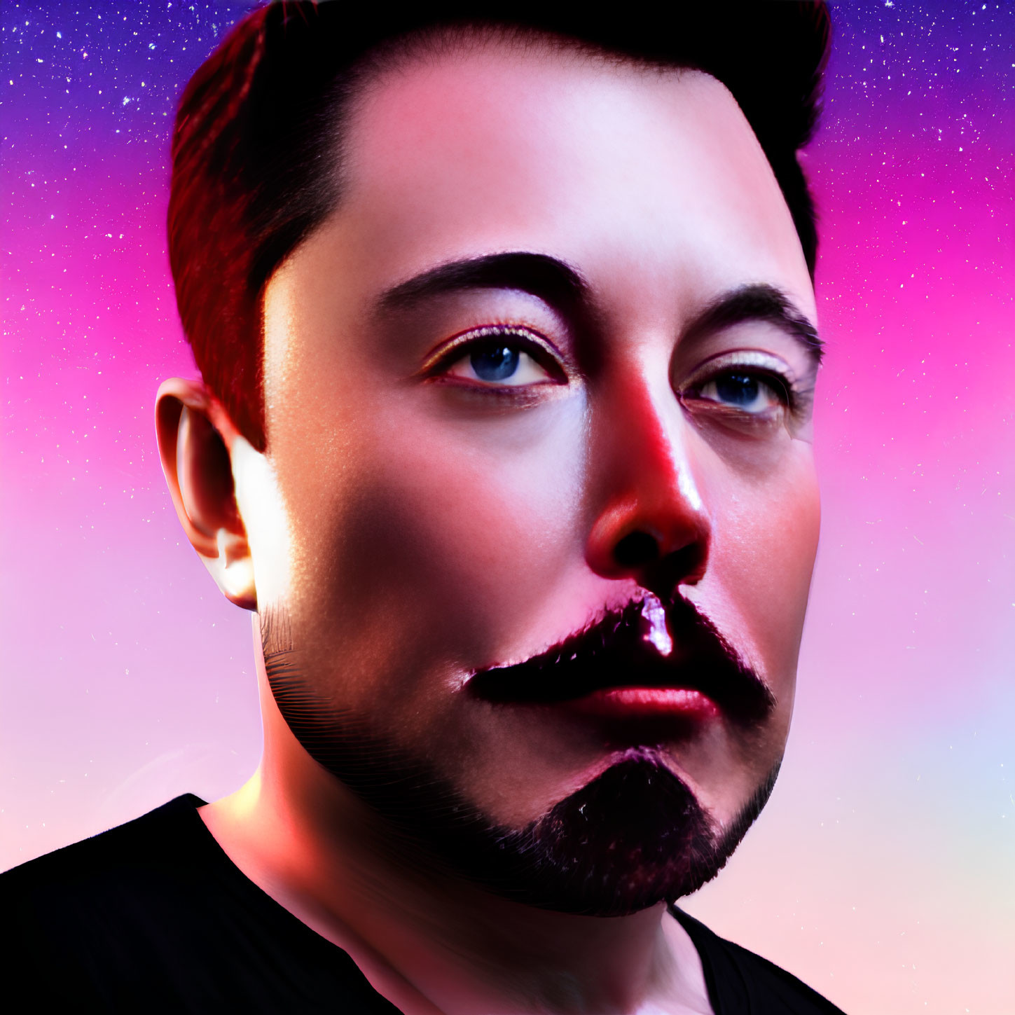 Prominent features portrait with groomed facial hair on colorful nebula background