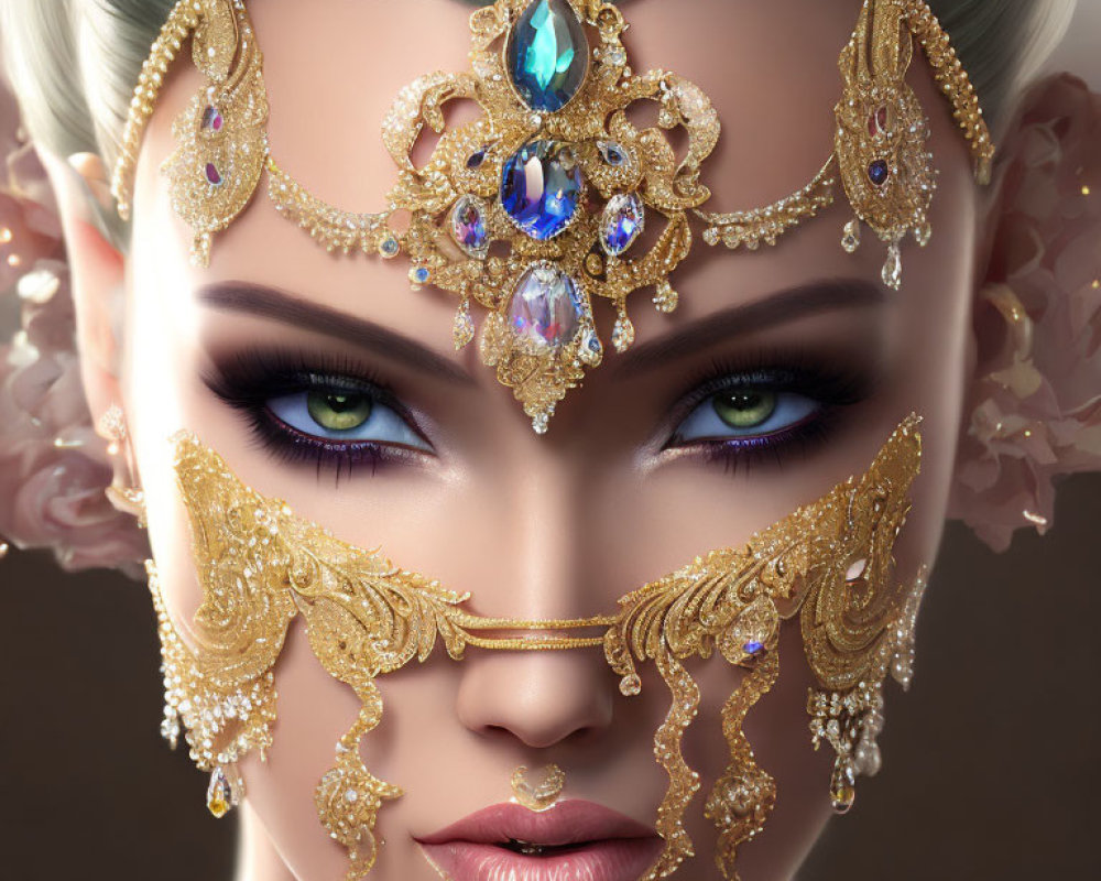 Close-up of woman with striking green eyes and intricate golden head jewelry.