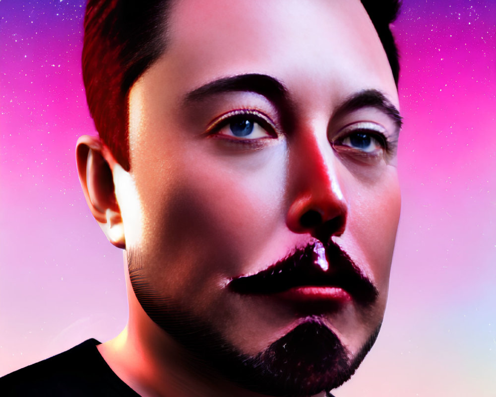 Prominent features portrait with groomed facial hair on colorful nebula background