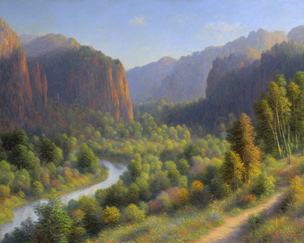 Tranquil landscape: river, lush forest, towering cliffs, soft sunlight