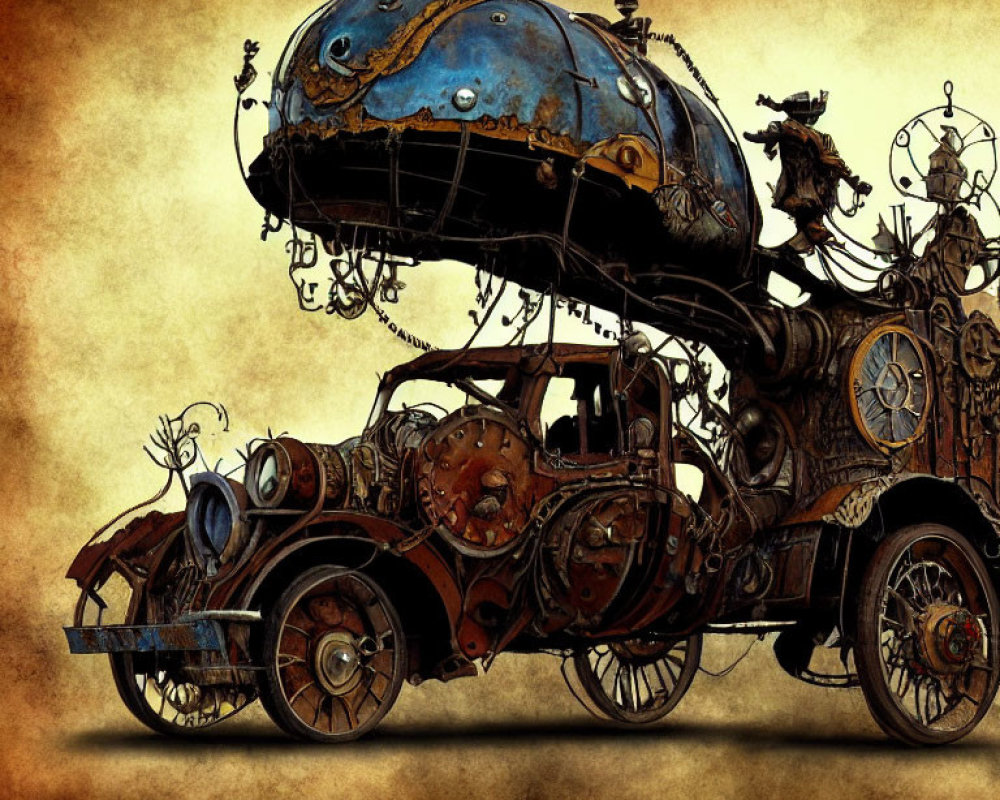 Detailed steampunk illustration of intricate machine with gears and globe in sepia tones