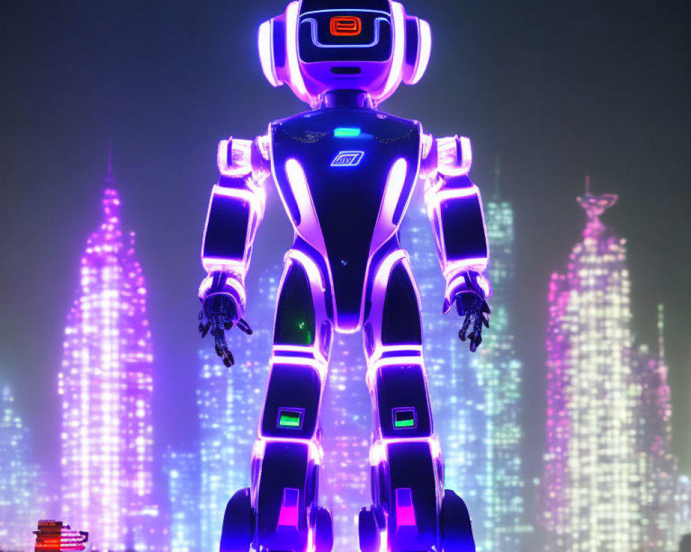 Futuristic neon-lit robot in cityscape at night