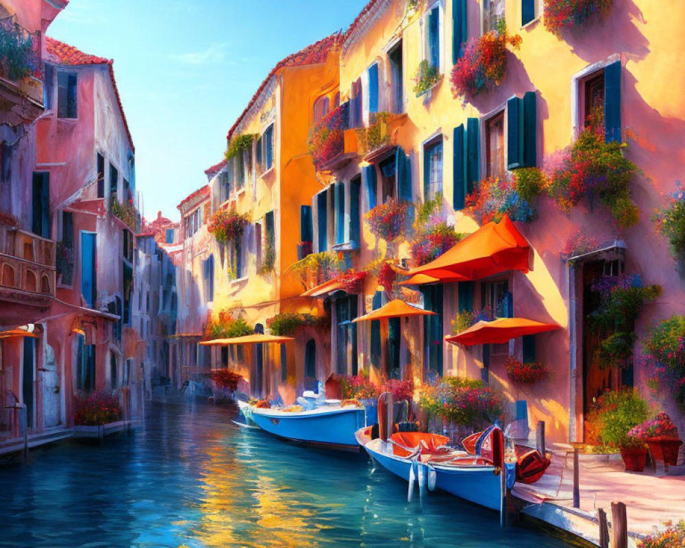 Colorful Venice Canal with Blooming Flowers and Moored Boats