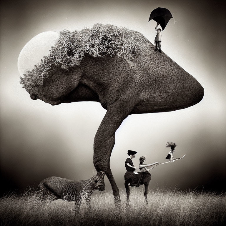 Surreal monochrome artwork: Elephant with tree back, full moon, man with umbrella, horse