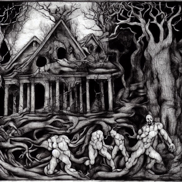 Monochrome sketch of sinewy figures, gnarled tree, and decrepit building under dark