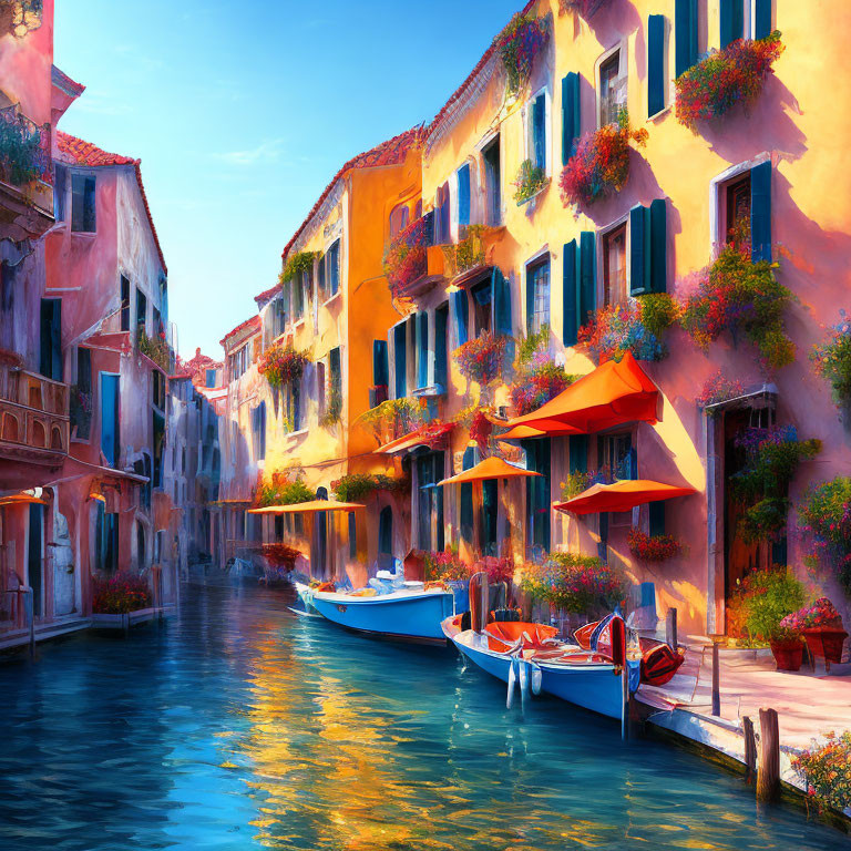 Colorful Venice Canal with Blooming Flowers and Moored Boats