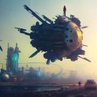 Massive spaceship hovers over futuristic landscape with spherical structures and car.