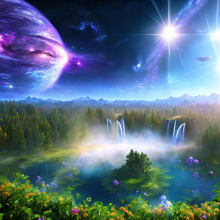 Majestic fantasy landscape with waterfalls, forest, lake, nebula, and stars