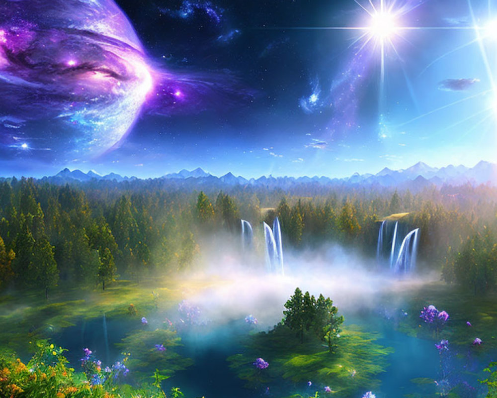 Majestic fantasy landscape with waterfalls, forest, lake, nebula, and stars