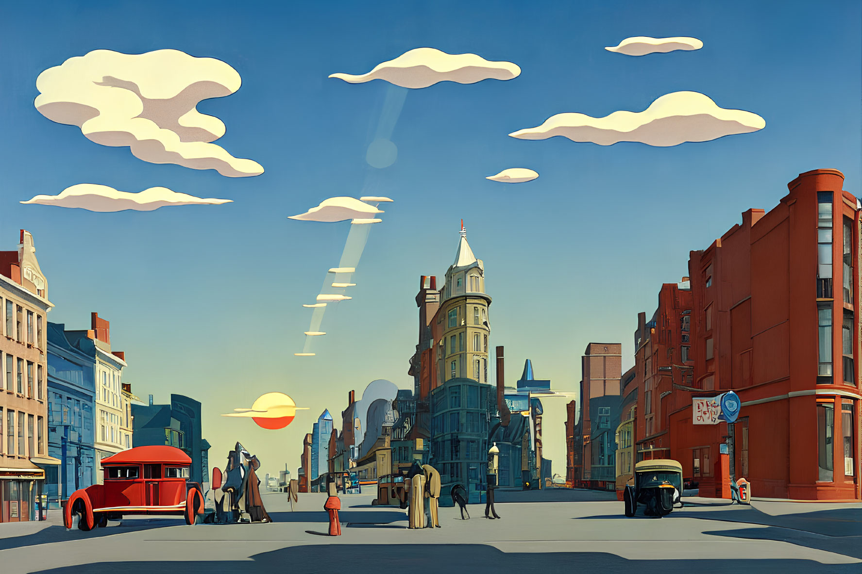 Cityscape with vintage cars, pedestrians, and buildings under clear sky and whimsical clouds.