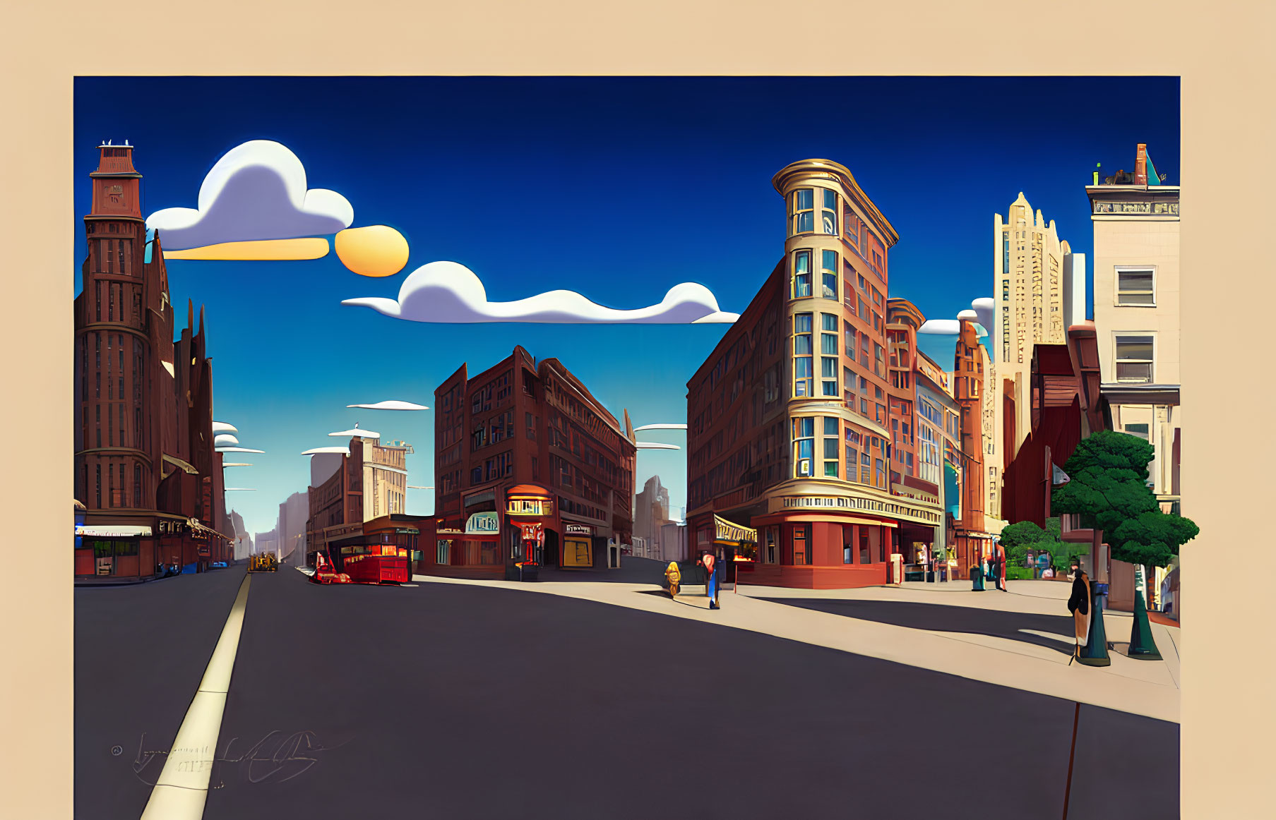 Colorful art deco urban street corner illustration with whimsical clouds