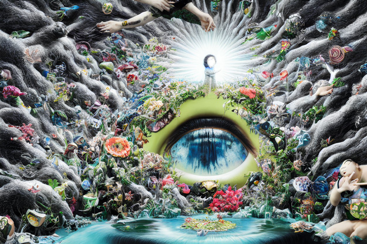 Vibrant surreal collage featuring giant eye and diverse elements