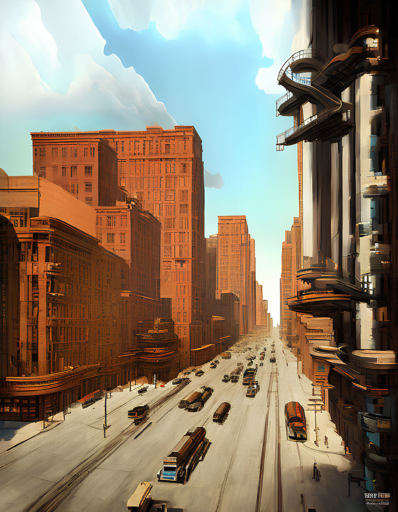 Futuristic cityscape with towering buildings and sunlit streets