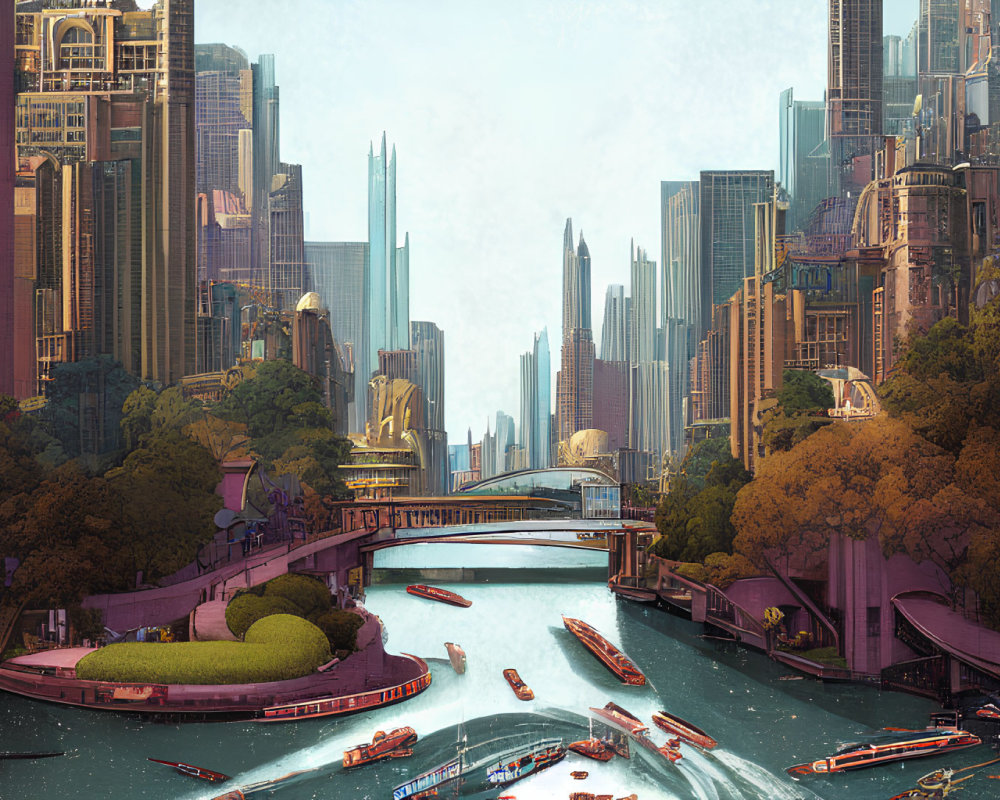 Futuristic cityscape with skyscrapers, river, boats, and greenery