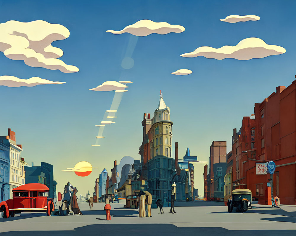 Cityscape with vintage cars, pedestrians, and buildings under clear sky and whimsical clouds.
