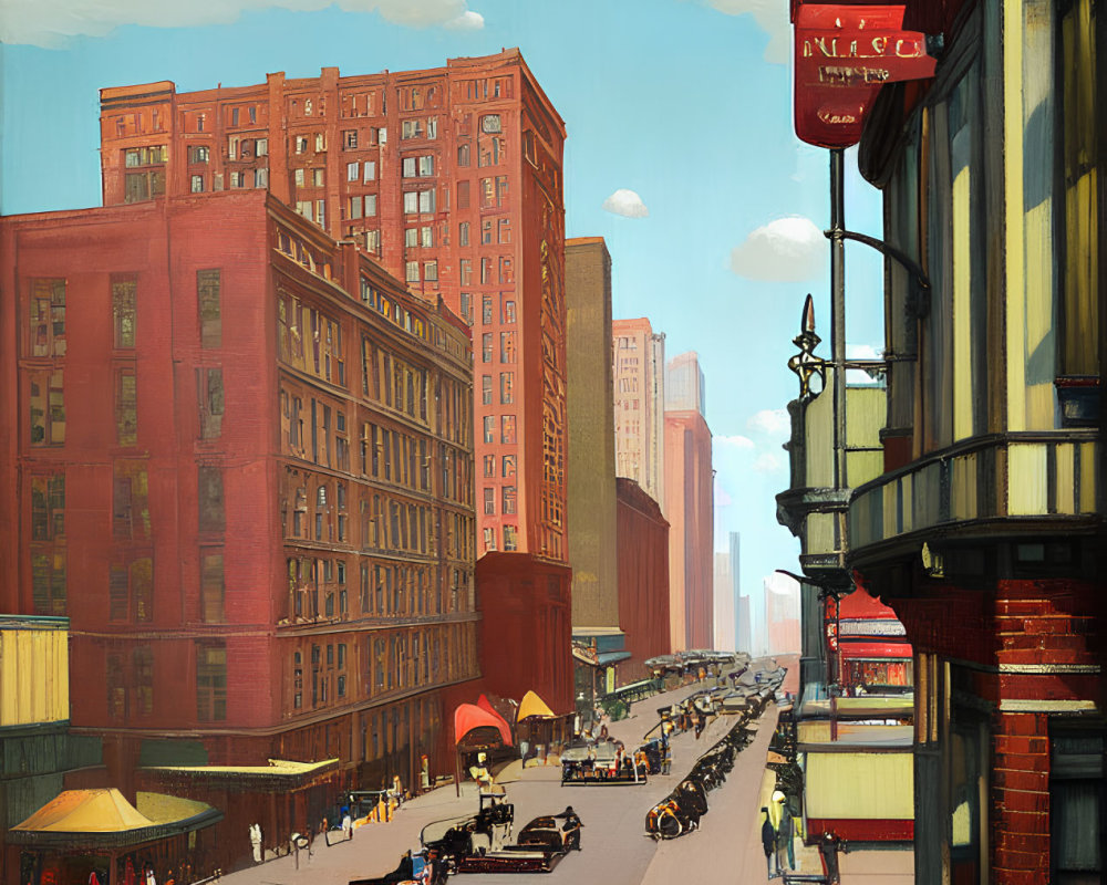 Vintage cars, pedestrians, and red brick buildings in early 20th-century city street