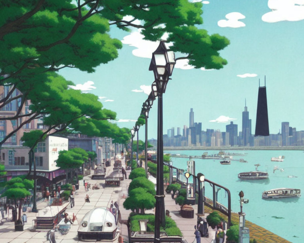 Urban cityscape with green trees, waterfront, pedestrians, street lamps, skyscrapers