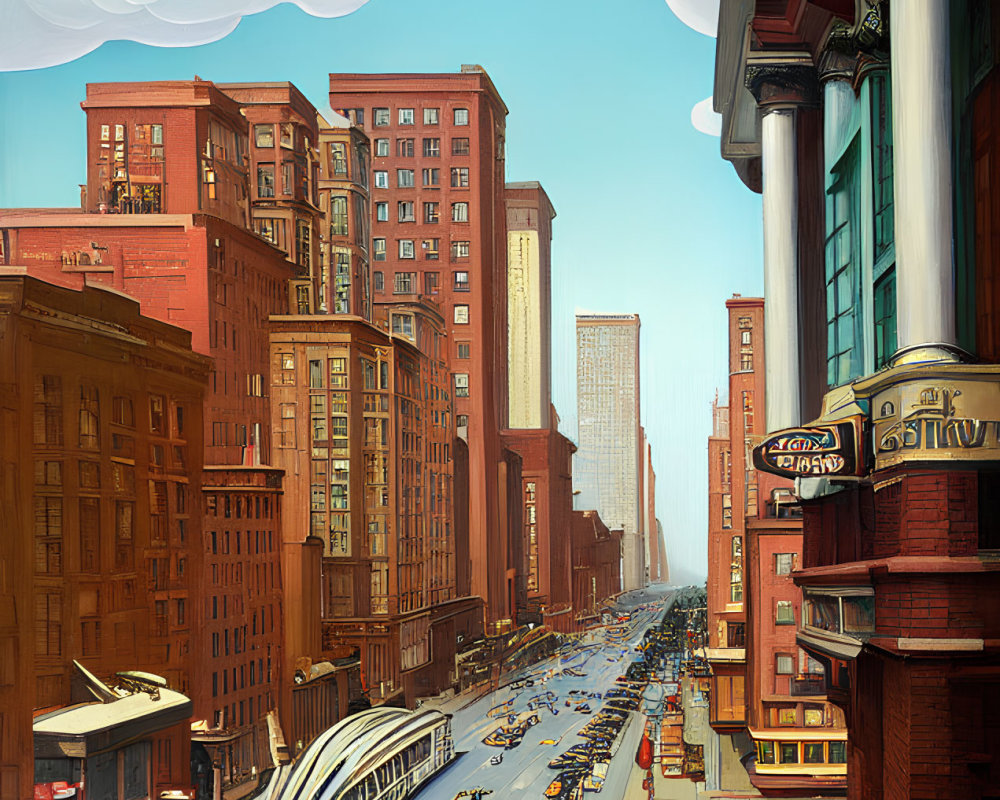 Detailed Illustration of Historic City Street with Cars and Clear Sky