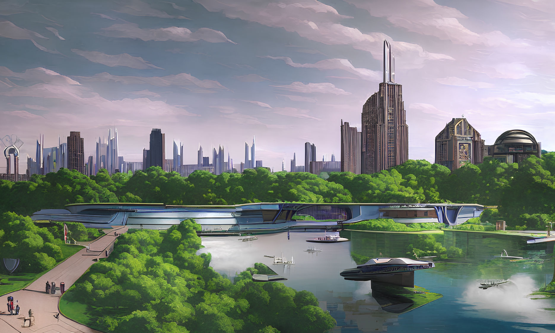 Futuristic cityscape with green park, water bodies, advanced buildings & serene atmosphere