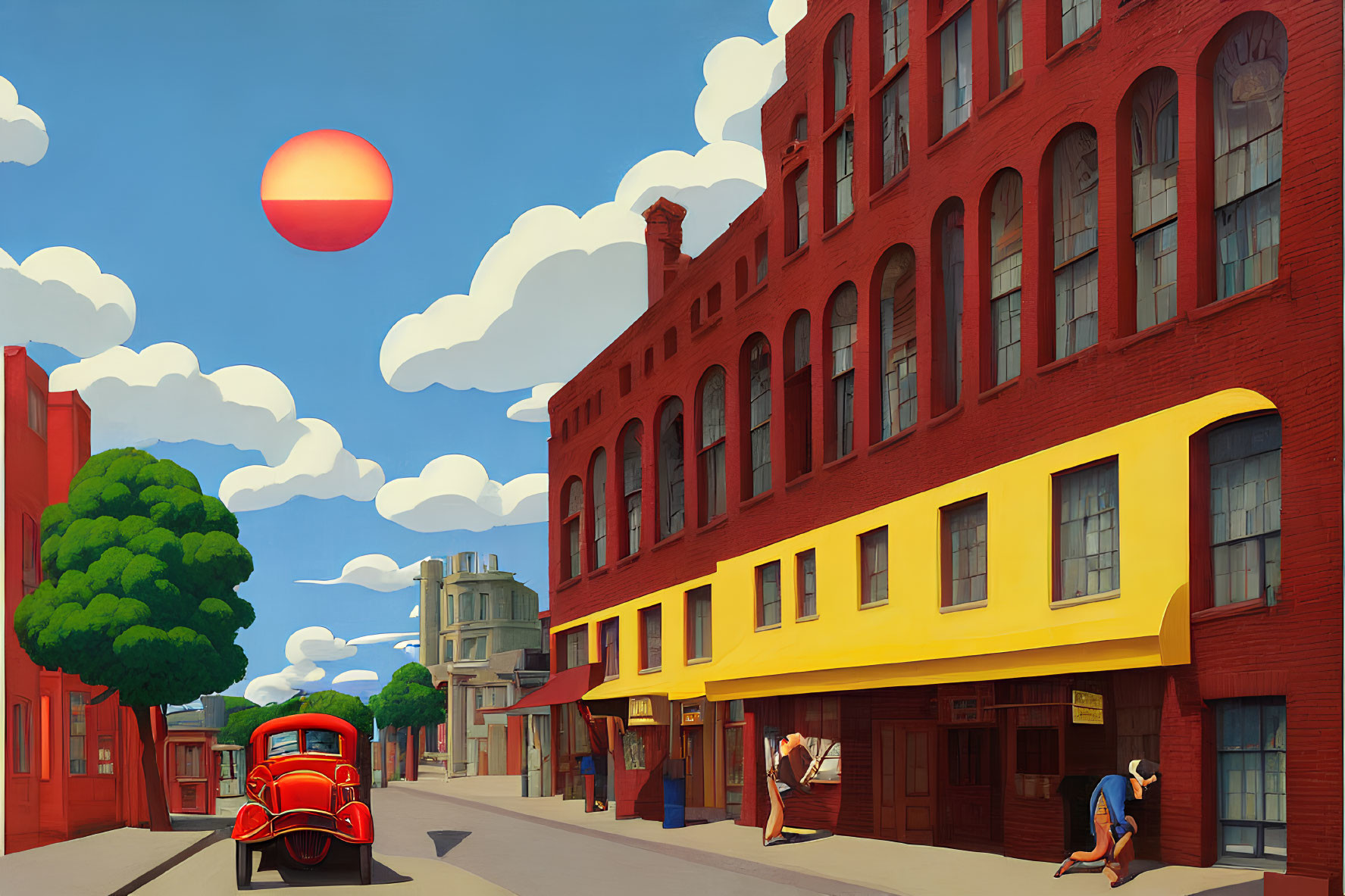 Colorful street scene with vintage car, pedestrians, brick buildings, blue sky, and large red sun
