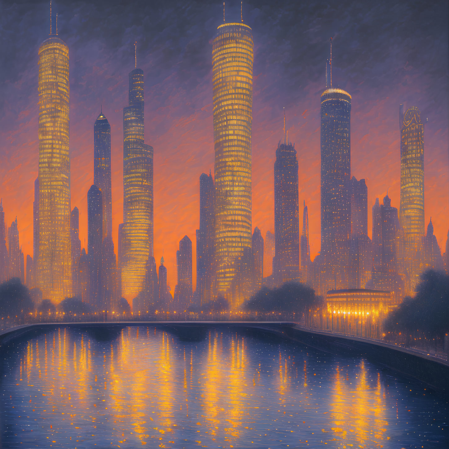 Cityscape with illuminated skyscrapers at dusk by tranquil river