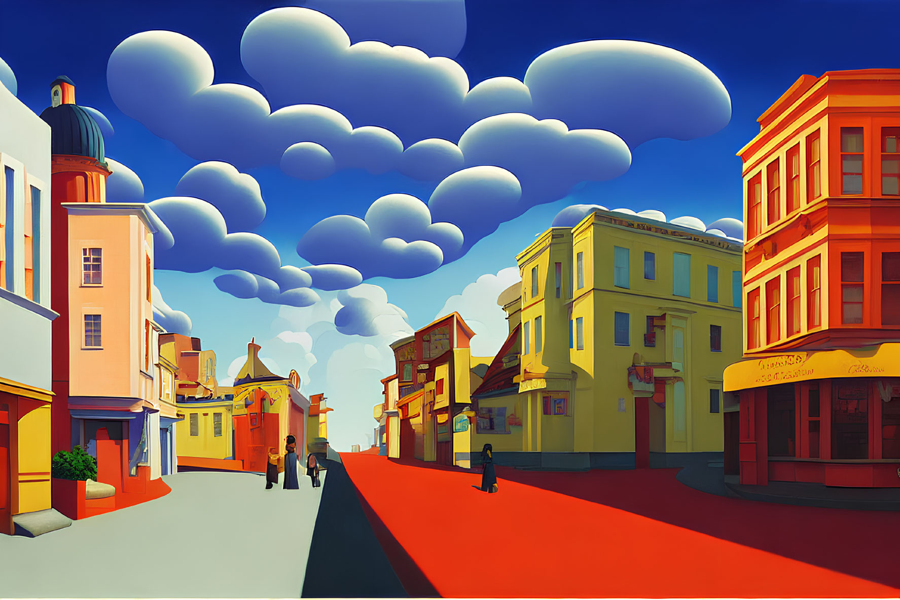 Vibrant urban street scene with colorful buildings and fluffy clouds