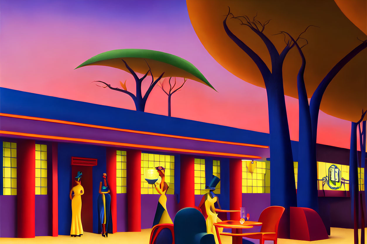 Colorful artwork featuring stylized figures in outdoor cafe with gradient sky.