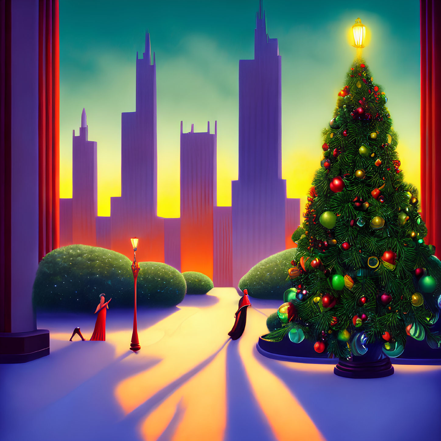 Colorful Christmas tree with penguins and city skyline backdrop