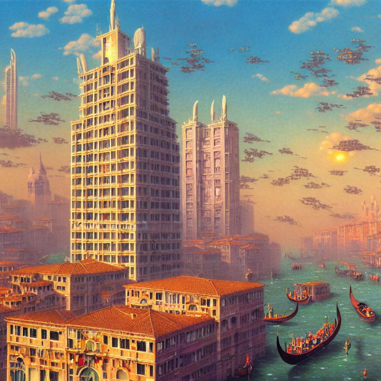 Futuristic cityscape with towering buildings and flying vehicles against orange sky
