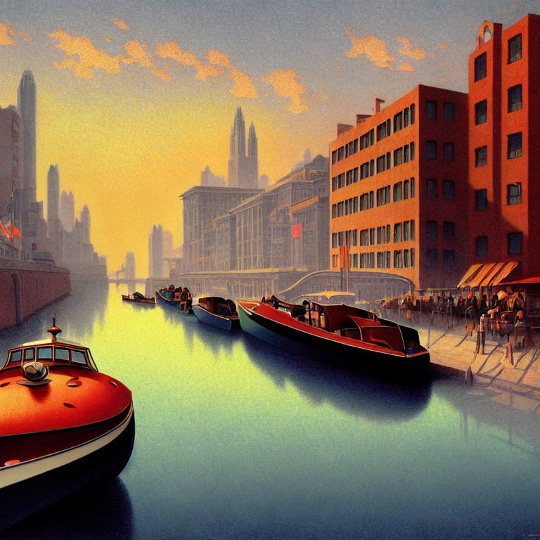 Bustling canal scene with boats and distinctive buildings at golden hour
