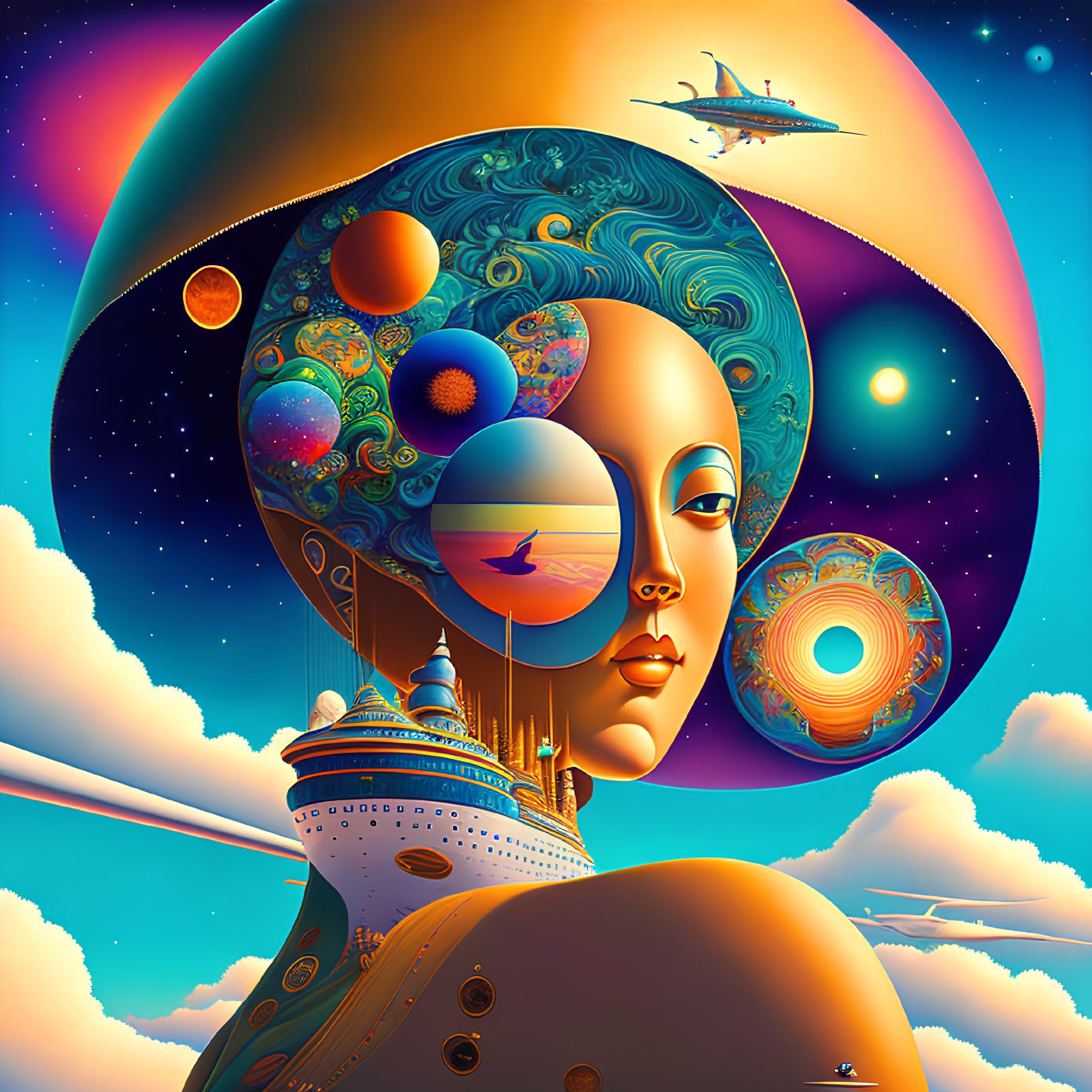 Digital art: Woman fused with celestial and futuristic elements in sunset backdrop