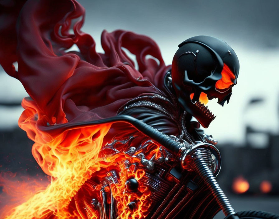 Futuristic warrior in black armor with skull-like helmet, flames, red cape