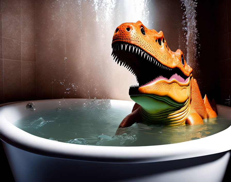 Computer-generated orange dinosaur bath time fun in domestic bathroom