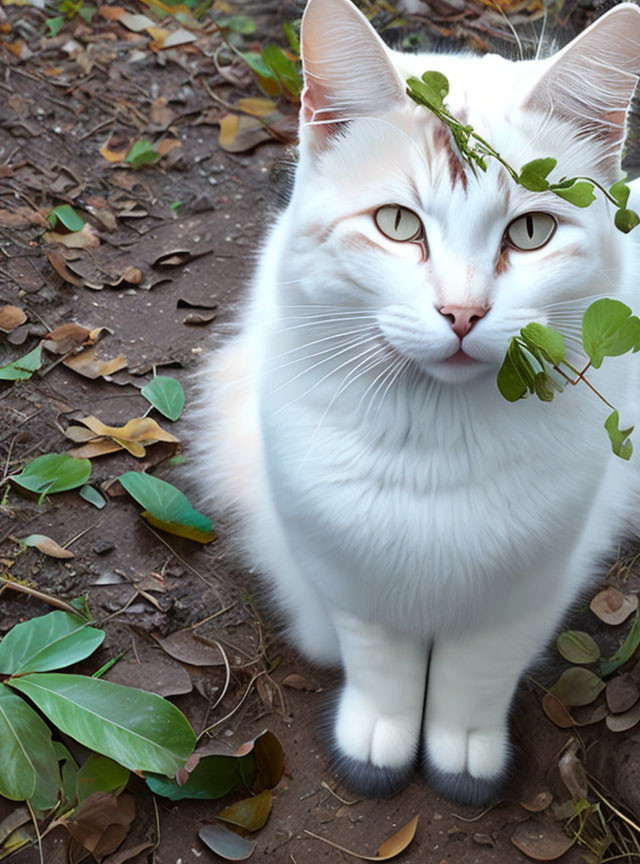 White Cat with Twig and Green Leaves on Head Standing on Soil